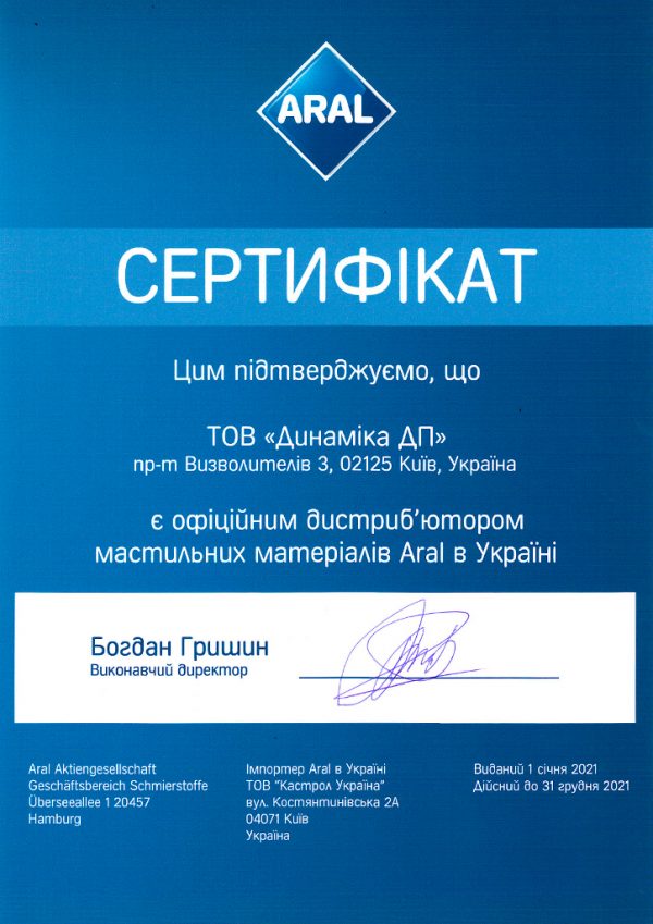 Certificate Aral Dynamica UA